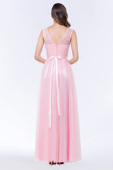 Elegant Tulle V-Neck Sleeveless Ruffle Long Bridesmaid Dress with Sash-27dress